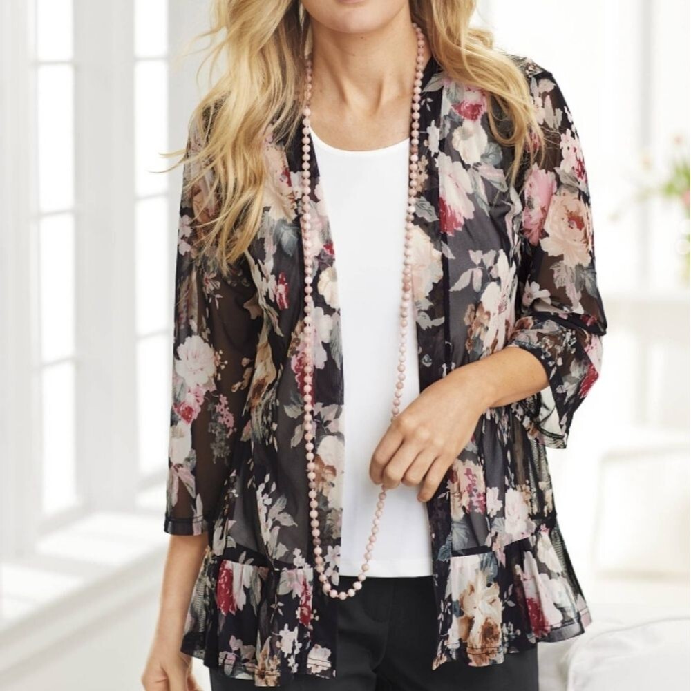 North Style Soft Evening Floral Mesh Shrug, Open Front, 3/4 Sleeves Size 3x